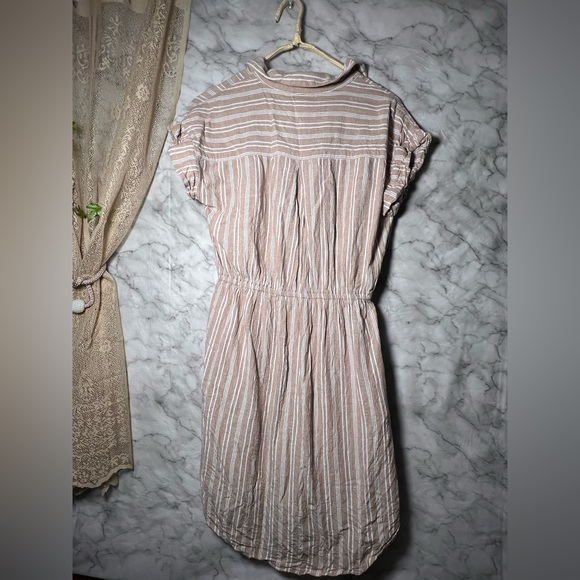 Linen Cotton Blend Taupe Cream Verticle Stripe Tie Shirt Dress Pockets M Resort - Picture 2 of 8